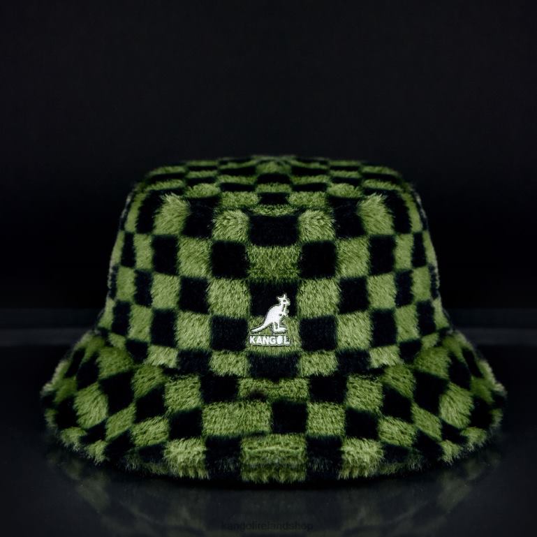 IE Kangol Faux Fur Bucket Olive Check Unisex Accessories 6B26V712